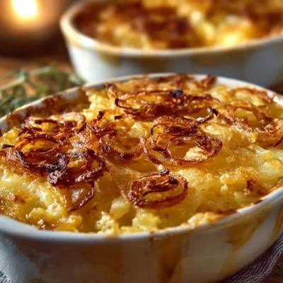 A delicious serving of French Onion Funeral Potatoes topped with crispy onions.