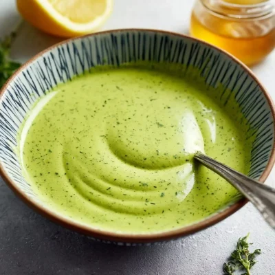 Bowl of fresh Lemon Herb Tahini Sauce garnished with herbs