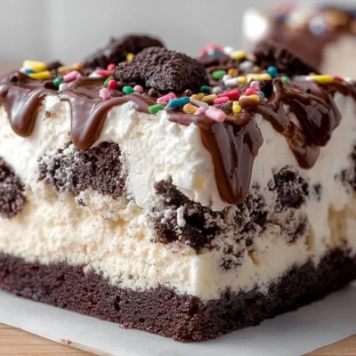 Frozen brownie ice cream cake topped with chocolate and sprinkles.