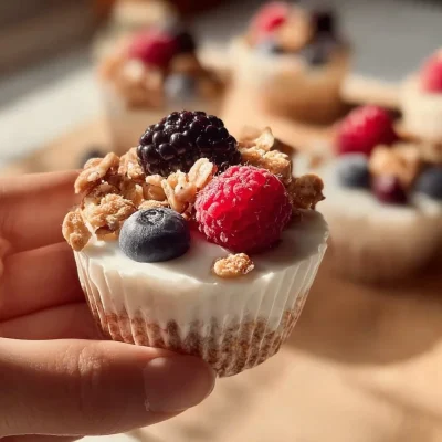 Frozen yogurt granola cups topped with fresh fruit and granola.