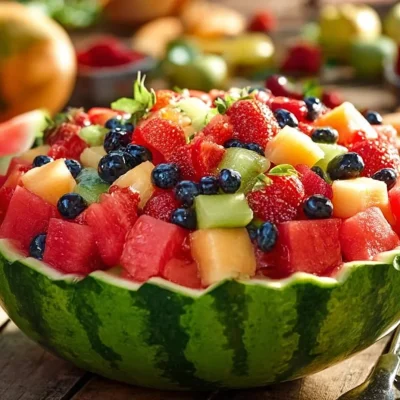 Colorful fruit salad served in a watermelon shell for a refreshing summer dessert
