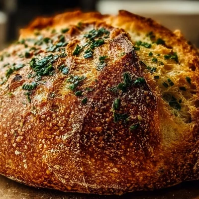 Freshly baked garlic and herb sourdough bread on a wooden cutting board