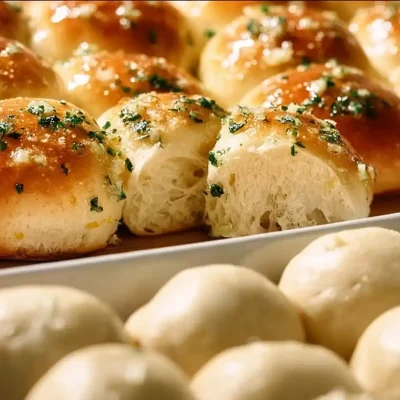 A plate of easy homemade garlic butter dinner rolls, golden and fluffy.