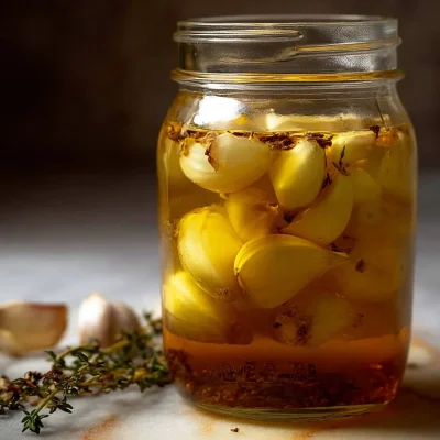 Homemade Garlic Honey Ferment in a jar with fresh garlic cloves and honey.