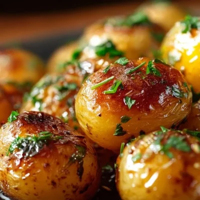 Plate of garlic sauce baby potatoes garnished with herbs