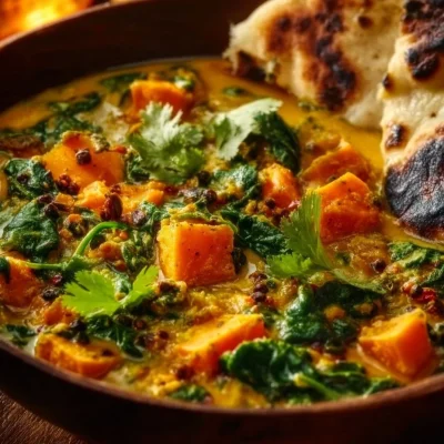 Bowl of ginger sweet potato coconut lentil stew with vibrant vegetables