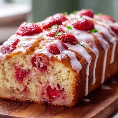 Freshly baked glazed strawberry bread with vibrant strawberries