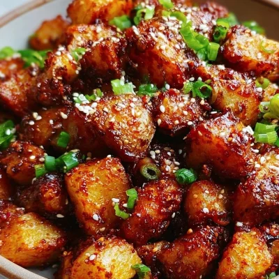 A bowl of Gochujang Potato Salad topped with fresh herbs and spices
