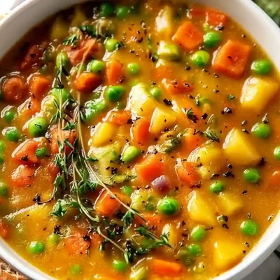 One-pot creamy vegetable soup with peas, carrots, and potatoes topped with thyme sprigs