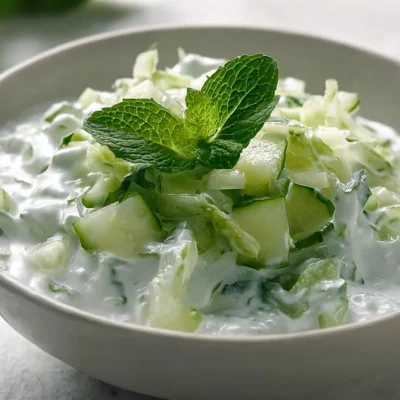 Grated cucumber and mint raita served in a bowl with fresh mint leaves.