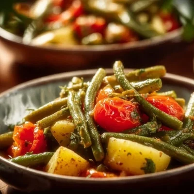 Plate of Greek green beans Fasolakia with tomatoes and herbs