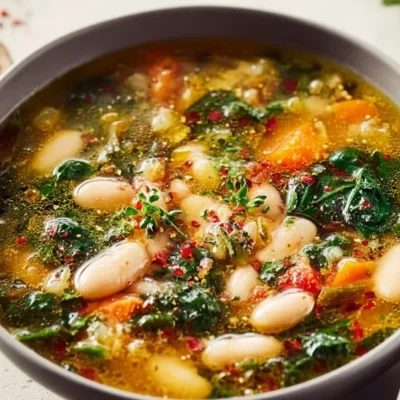 A bowl of Greek Healing Soup garnished with fresh herbs and vegetables.