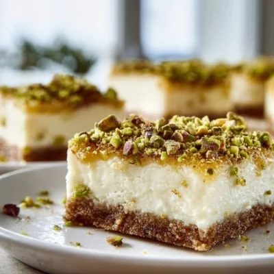 Greek Honey Pistachio Cheesecake Bars topped with crushed pistachios and honey drizzle.