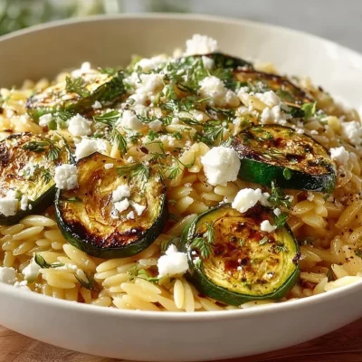 Delicious Greek Lemon Orzo with Roasted Zucchini garnished with fresh herbs