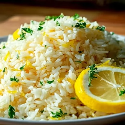 Greek lemon rice dish served in a bowl, garnished with fresh herbs.