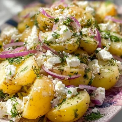 Bowl of Greek Potato Salad with olives, feta, and fresh herbs
