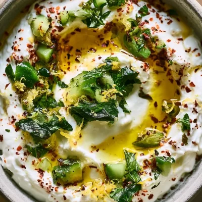 Creamy Greek yogurt feta dip topped with lemon, chili, and pistachios.