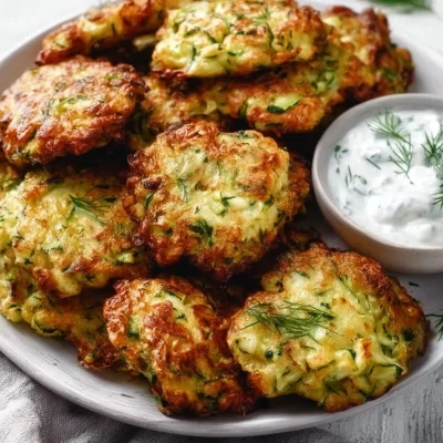 Plate of golden brown Greek zucchini fritters topped with herbs.