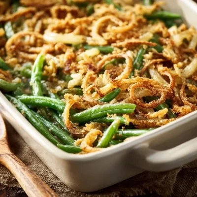 Delicious green bean casserole dish topped with crispy onions