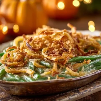 Classic Green Bean Casserole topped with crispy onions served in a dish