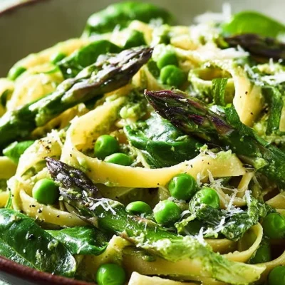 Plate of Green Goddess Fettuccine with fresh herbs and vegetables