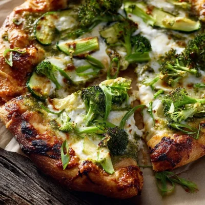 Green Vegetable Pesto Garden Party Vegetarian Pizza topped with fresh veggies and pesto
