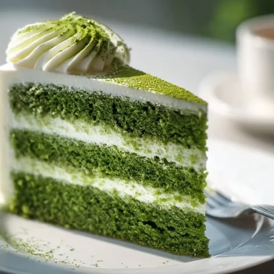 Sliced Green Velvet Cake with cream cheese frosting on a white plate