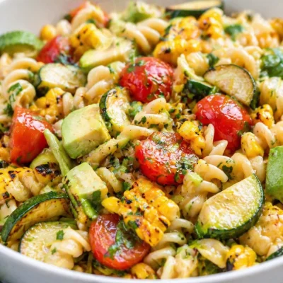 Grilled corn pasta salad with hot lime dressing, avocado, and cherry tomatoes.