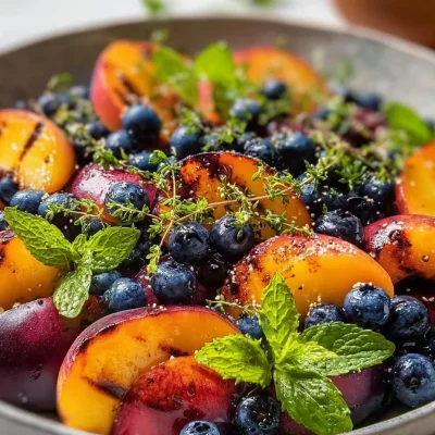 Delicious grilled peach and blueberry salad in a bowl