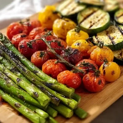 A vibrant grilled vegetable platter showcasing colorful seasonal vegetables.