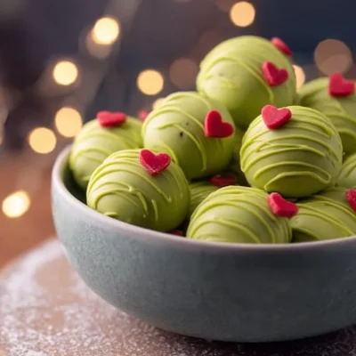 Delicious Grinch Oreo Truffles decorated in green and red for the holidays