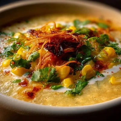 Bowl of Hawaiian Corn Chowder topped with fresh herbs and coconut flakes