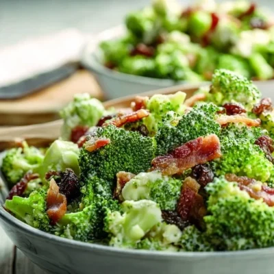 Healthy broccoli salad with colorful vegetables and dressing