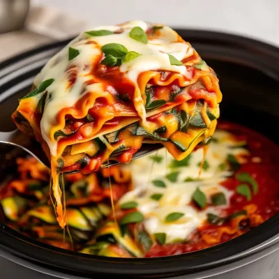 healthy crockpot lasagna with zucchini, spinach, ricotta, and melted mozzarella, vegetarian slow cooker dinner