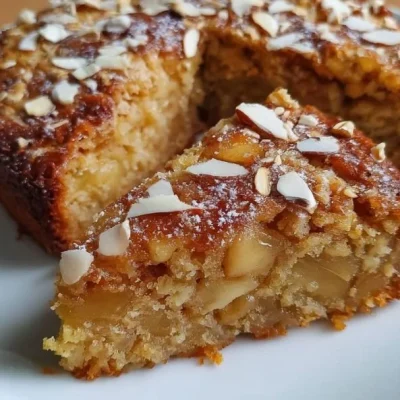 Slice of healthy oatmeal apple cake topped with fresh slices of apple