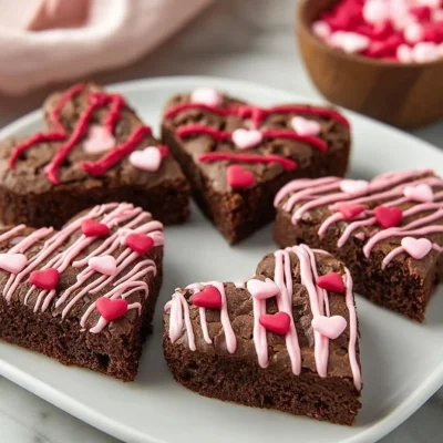 Heart shaped brownies decorated with chocolate and served on a plate