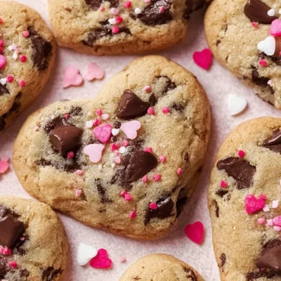 Heart-shaped chocolate chip cookies decorated for Valentine's Day