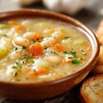 Bowl of hearty bean soup topped with herbs and served with bread