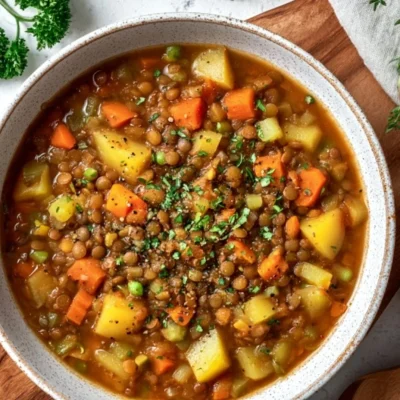 Bowl of hearty vegan stew with colorful vegetables and herbs
