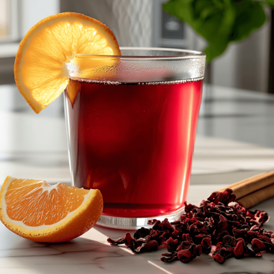 how to make hibiscus tea hibiscus tea: A glass cup with cinnamon stick and orange slice on white marble