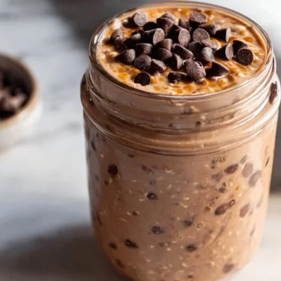 Bowl of high protein chocolate overnight oats topped with chocolate chips and nuts