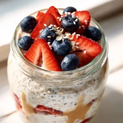 A bowl of high protein cottage cheese overnight oats topped with fruits and nuts