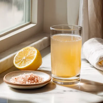 Himalayan pink salt drink recipe drink in glass with lemon
