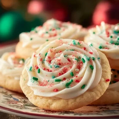 A variety of colorful holiday cookies displayed on a festive platter.