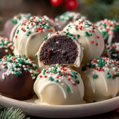 Assorted holiday-themed dessert truffles on a festive plate