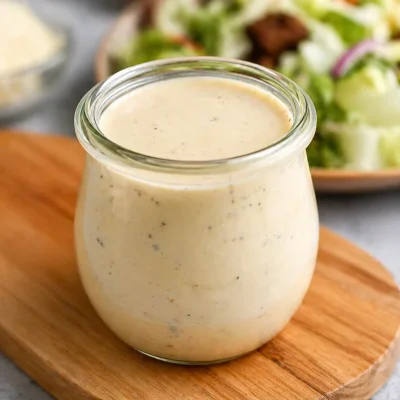 Homemade Caesar dressing without raw eggs in a bowl with fresh ingredients.