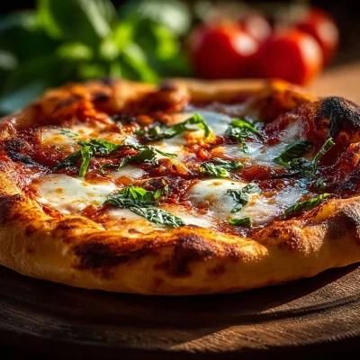 Homemade Neapolitan pizza topped with fresh basil and tomatoes.