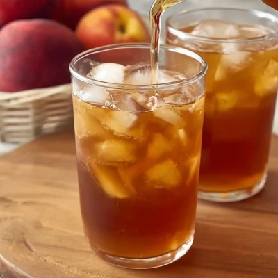 A refreshing glass of homemade peach iced tea served with fresh peach slices.