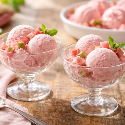 Homemade rhubarb ice cream in a bowl with fresh rhubarb garnish.