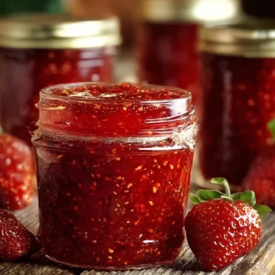 Homemade strawberry freezer jam in a glass jar